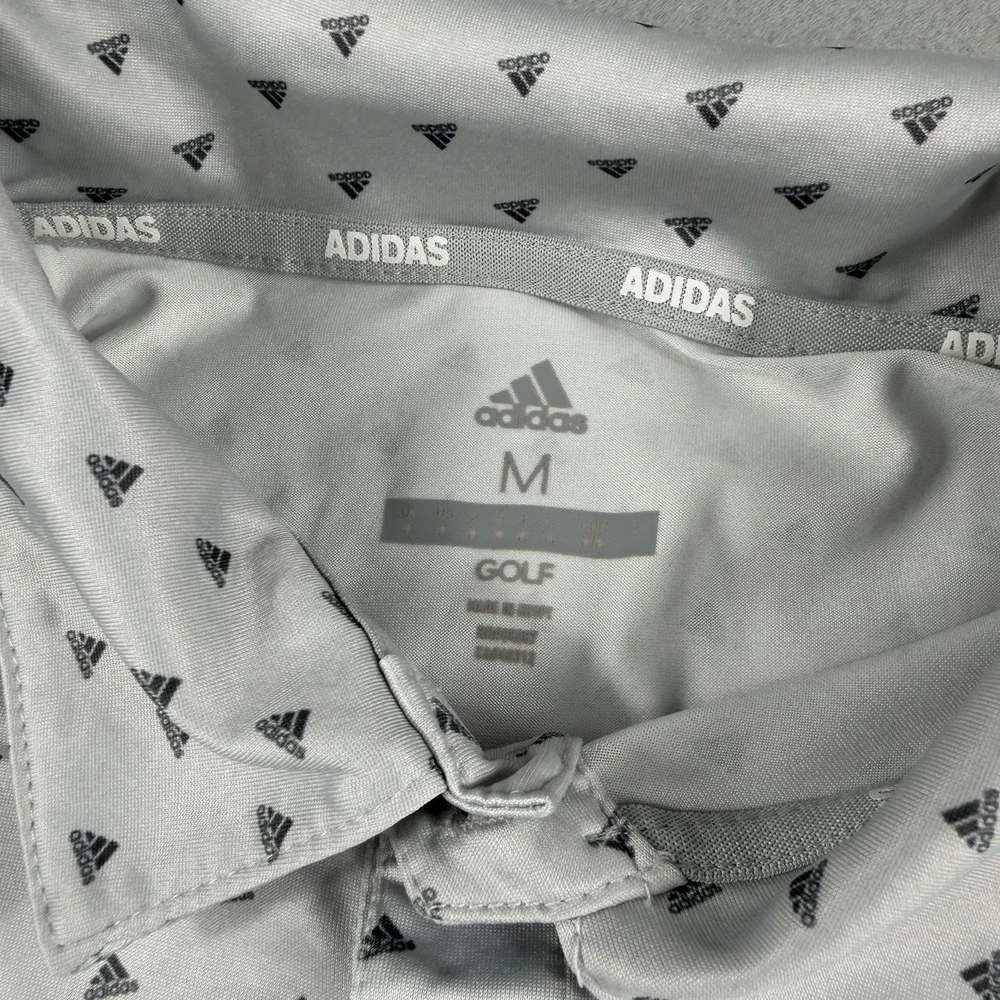 Adidas Golf Polo Shirt Mens Medium Dot Print Gray All Over Print Logo 3 Btn Plkt